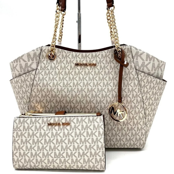 Michael Kors Large Jet Set Travel Chain Shoulder Bag & Double Zip Wallet Vanilla - Picture 1 of 15